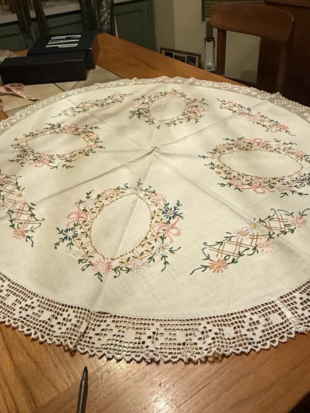 Hand Embroidered 38" Round TABLE TOPPER, TABLE CLOTH,  Embroidered Floral Design